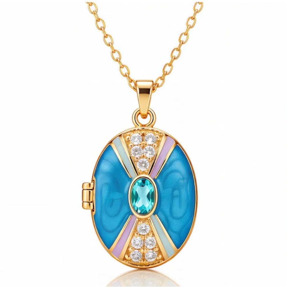 Blue and Pink Locket 18K Gold-Plated Stainless Steel Crystal Necklace